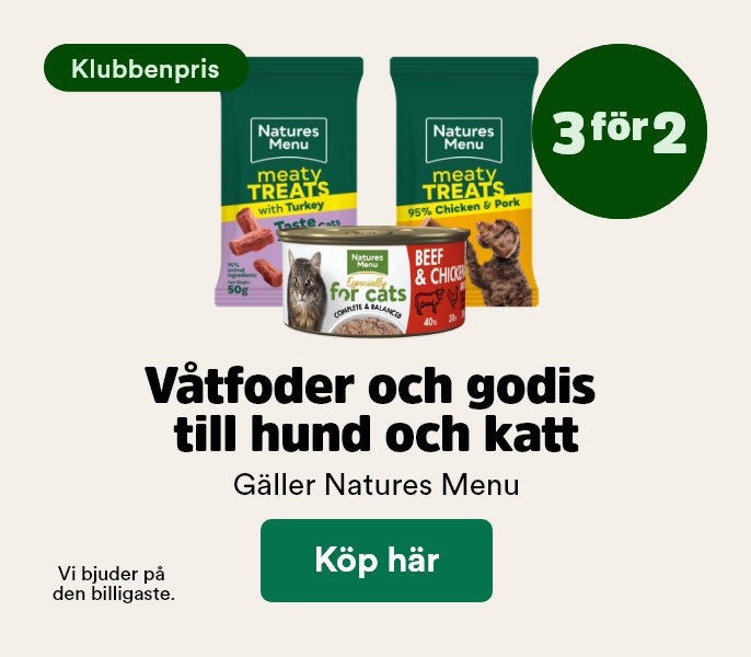 3 f&ouml;r 2 p&aring; natures menu v&aring;tfoder och godis till hund och katt f&ouml;r Klubbenmedlemmar t o m 31 maj, visa produkter
