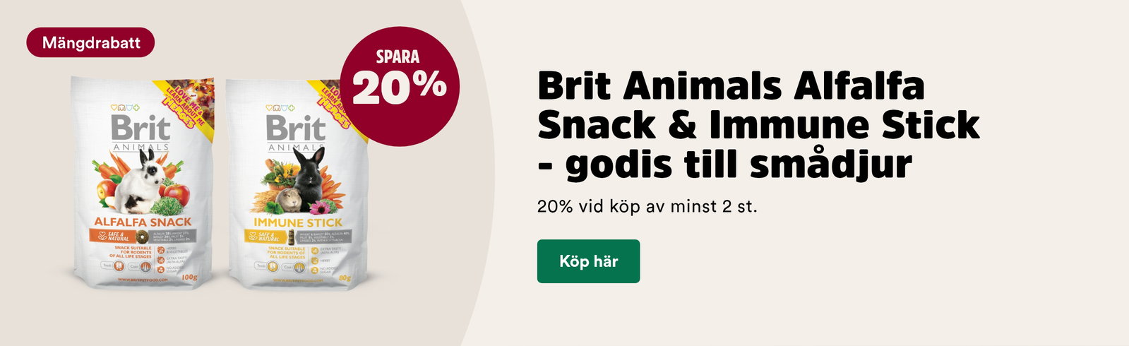 M&auml;ngdrabatt p&aring; utvalda Brit Animals godis till sm&aring;djur, k&ouml;p minst 2 och f&aring; 20% rabatt