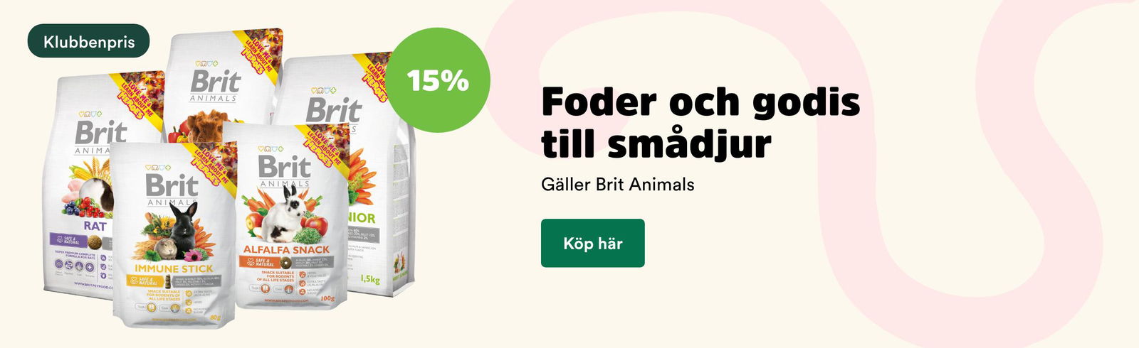15% på Brit Animals för smådjur t o m 30/9 2025, visas på Arken Zoo smådjur