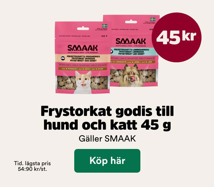 45 kr f&ouml;r SMAAK frystorkat godis till hund och katt 45 g t o m 29/3. K&ouml;p h&auml;r