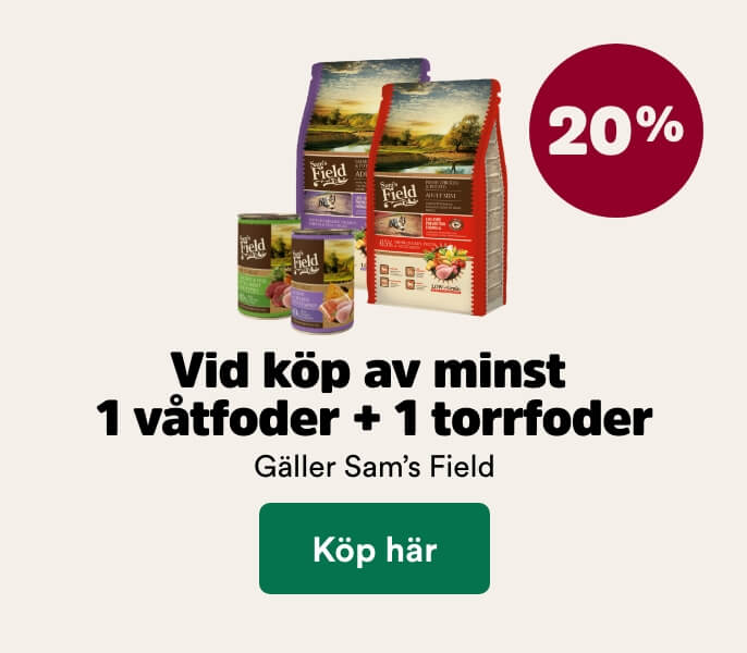 20% p&aring; Sams field till hund vid k&ouml;p av torrfoder + v&aring;tfoder t o m 30/8 - k&ouml;p h&auml;r