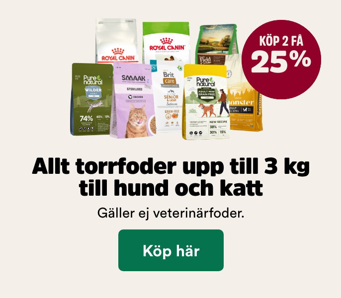 25% rabatt vid k&ouml;p av minst 2 sm&aring;p&aring;sar torrfoder till hund och katt, t o m 4/10 - k&ouml;p h&auml;r