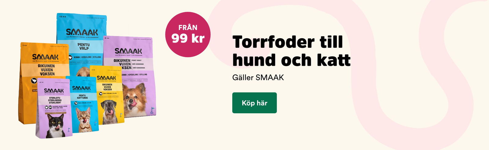 SMAAK torrfoder till hund & katt från 99 kr t o m 28/9. Köp här. (Visas på Arken Zoo Hund)