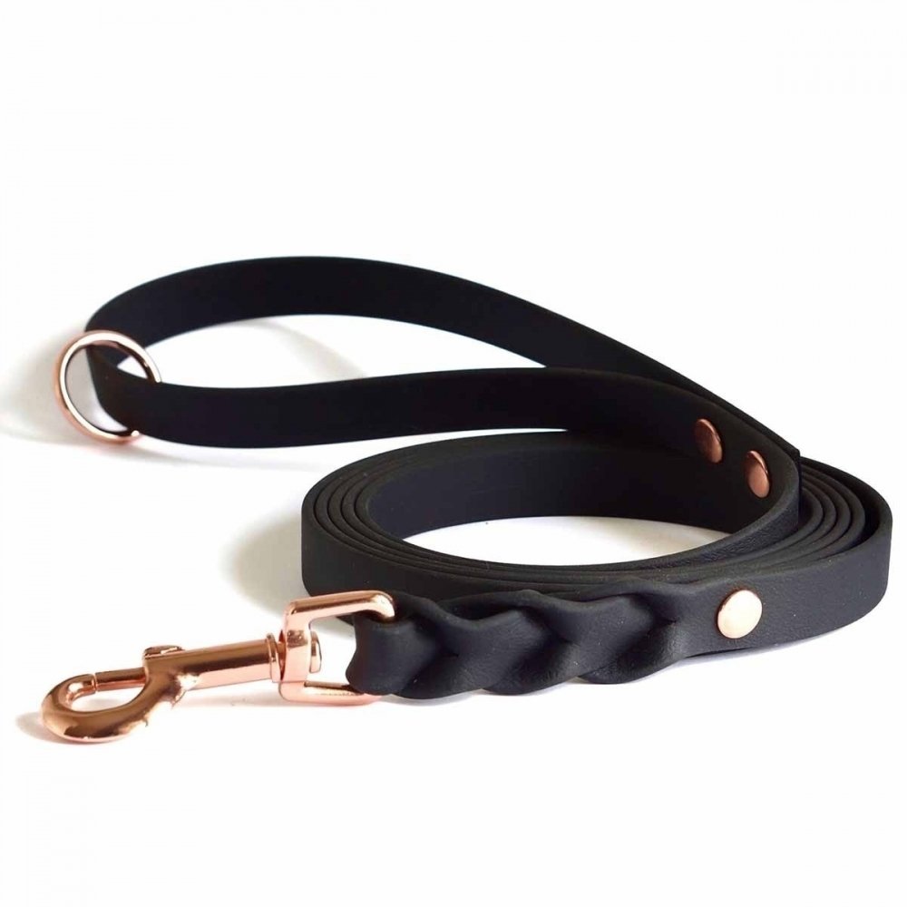 BioThane-hihna Tyylivoitto Braid, musta/ruusukulta (16mm x 300cm)