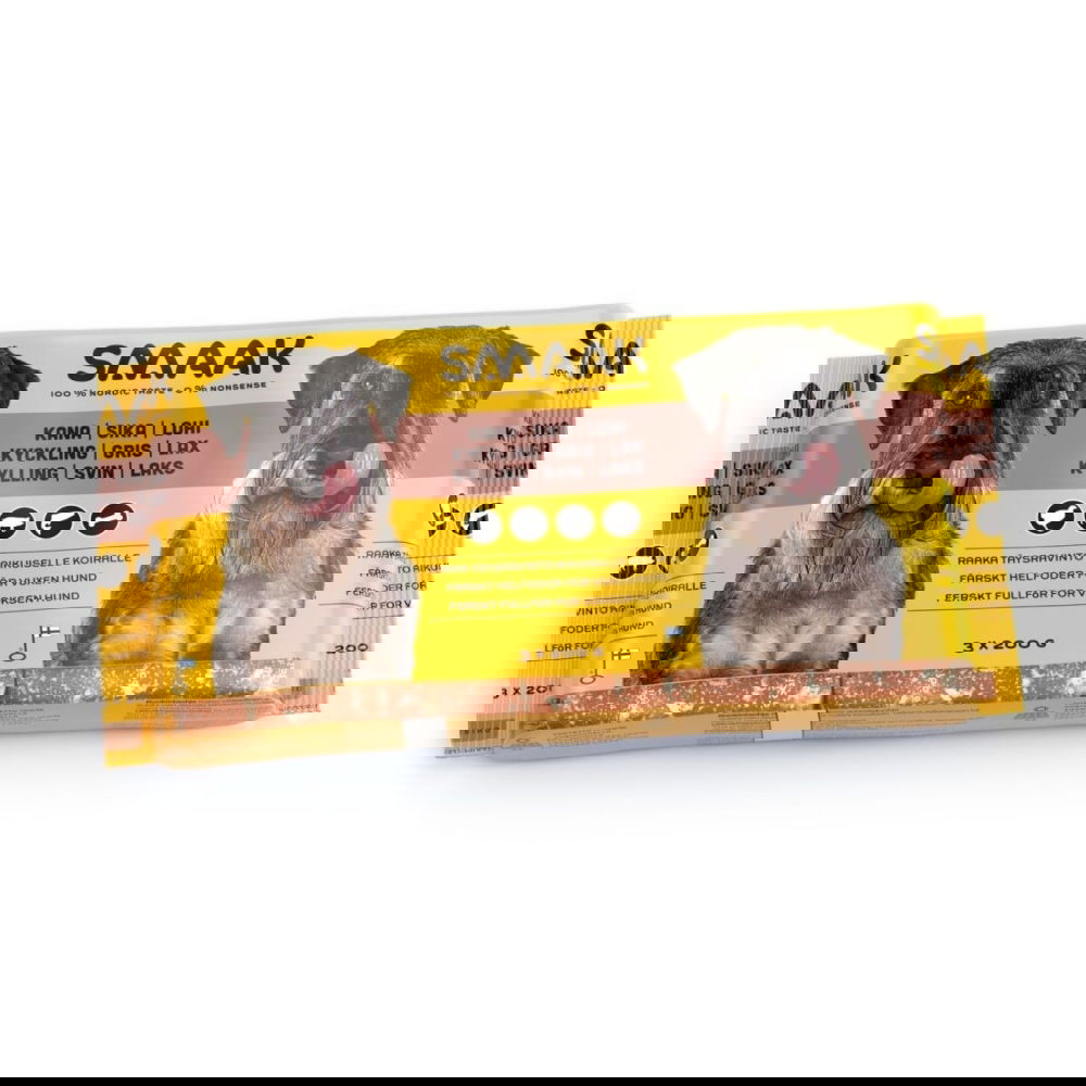 SMAAK kana, sika & lohi raaka täysravinto (3 x 200 g) SMAAK kana, sika & lohi raaka täysravinto (3 x 200 g)