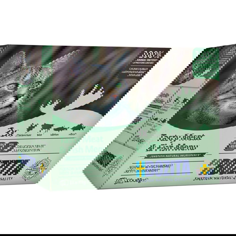 Bozita liha- & kalalajitelma hyytelössä 12 x 85 g