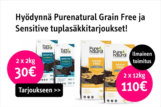 Purenatural Grain Free ja Sensitive -koiranruoat 2x2kg 30€ / 2x12kg 110€