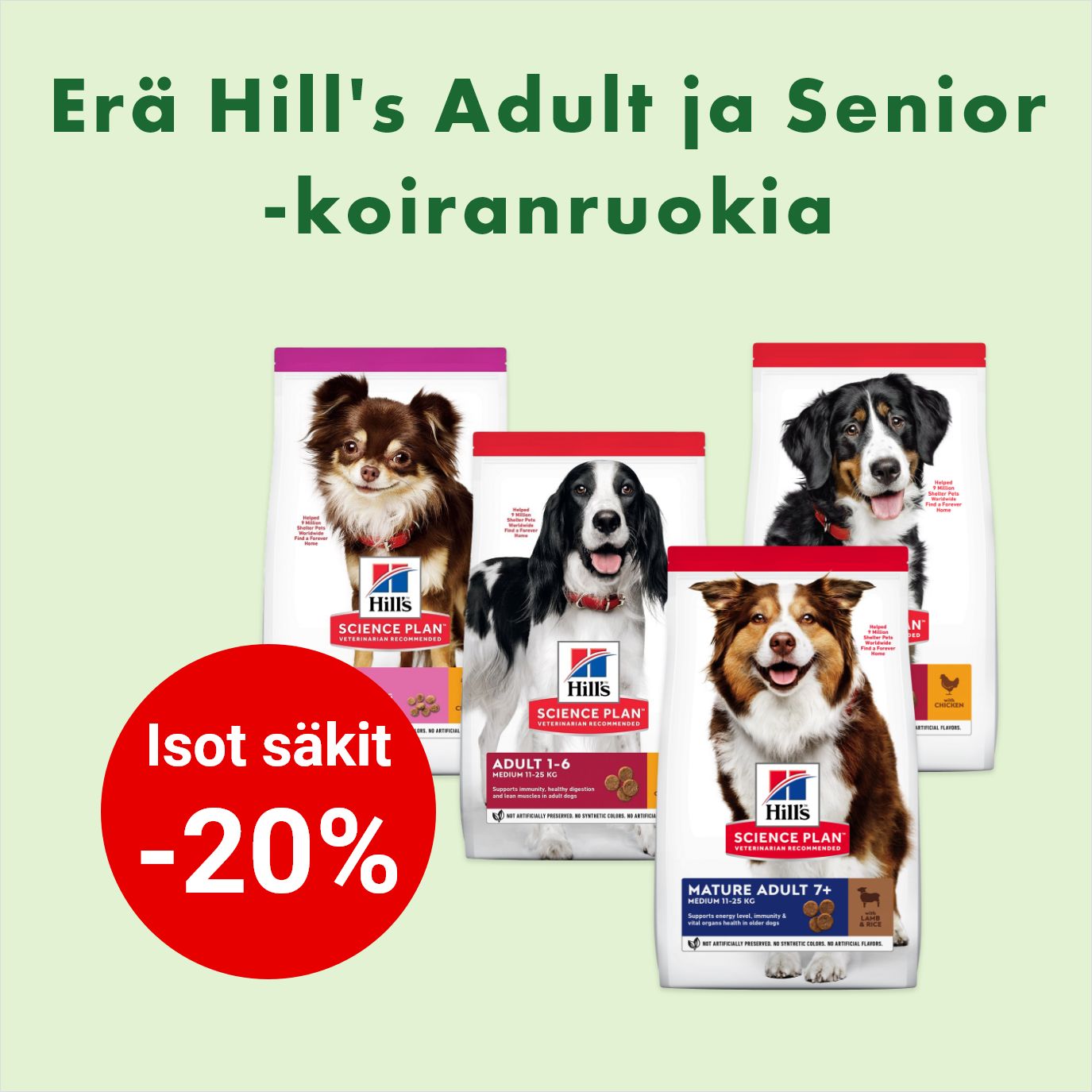 Er&auml; Hills Adult ja Senior Dog -koiran kuivaruokia (isot s&auml;kit) -20% 31.3. asti