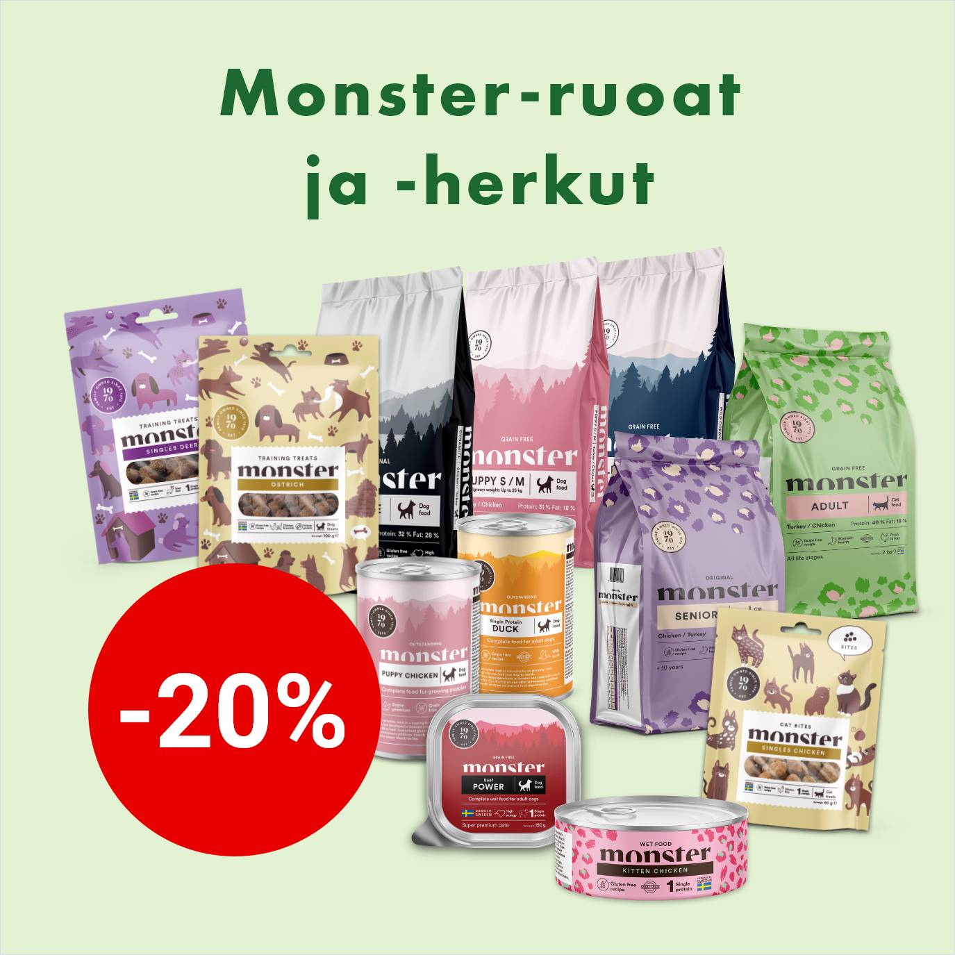 Monster-tuotteet koirille ja kissoille -20% 28.2.2026  asti