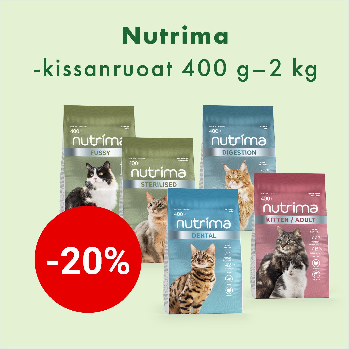 Nutrima-kuivaruoat kissalle 400g-2 kg -20% 21.9. asti.