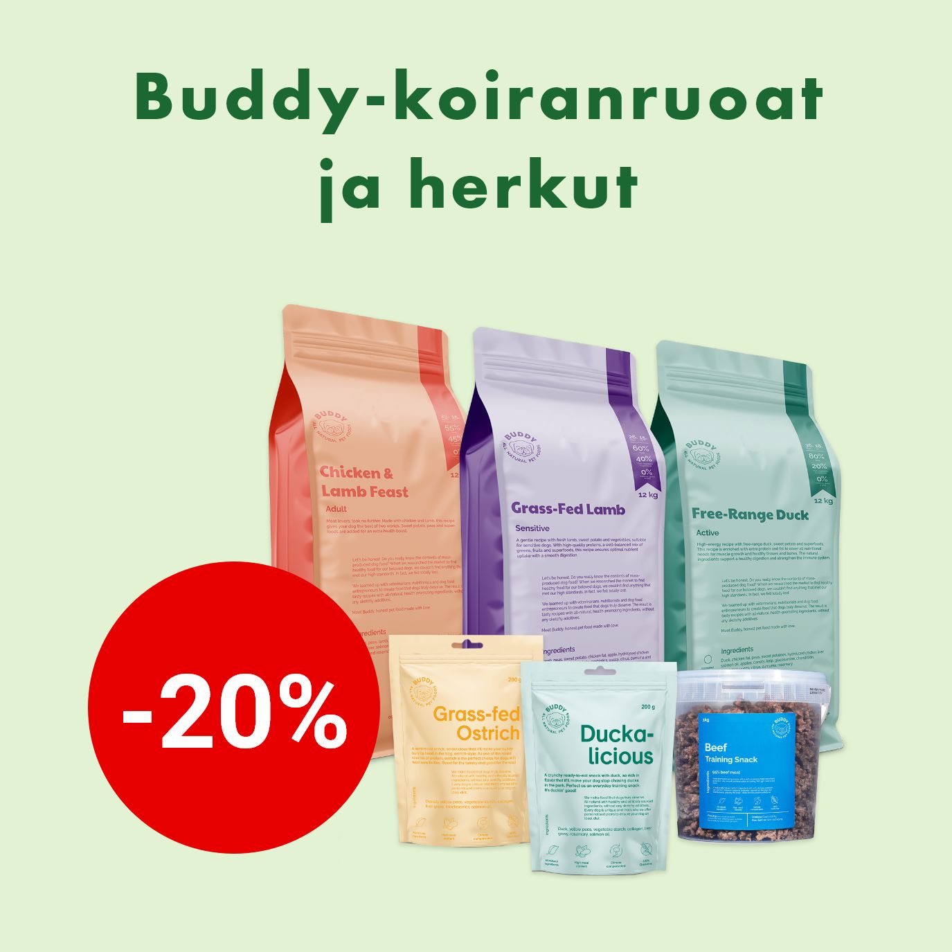 Buddy koiranruoat ja herkut 28.2. asti.