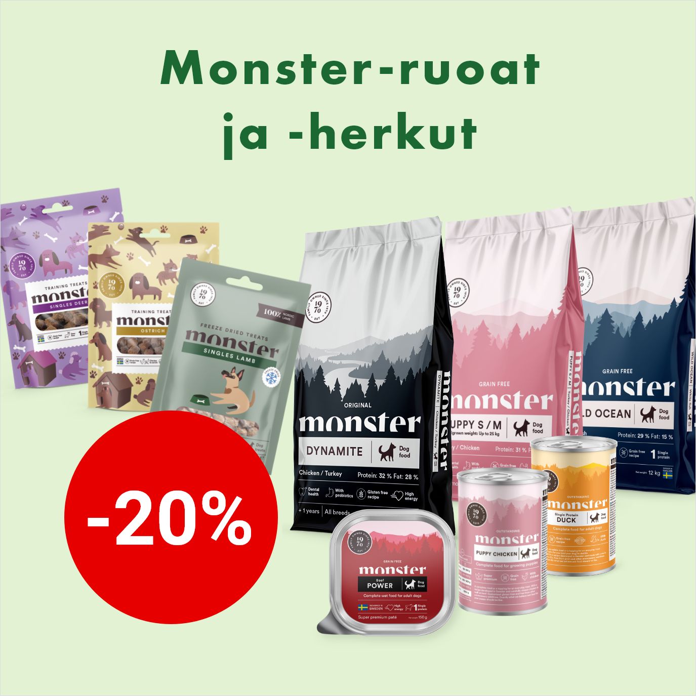 Monster koiranruoat ja herkut -20% 28.2.2026 asti.