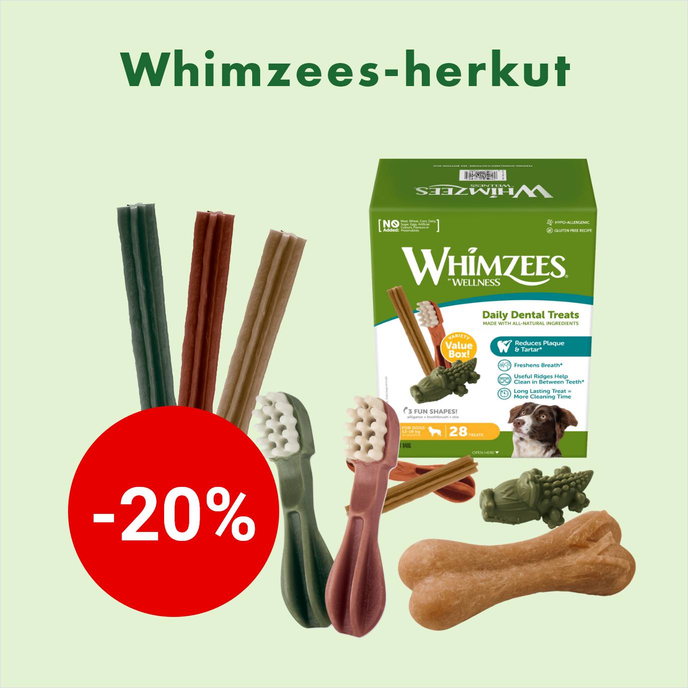 Whimzees-hammasherkut -20%. Kampanja voimassa 30.9. asti.