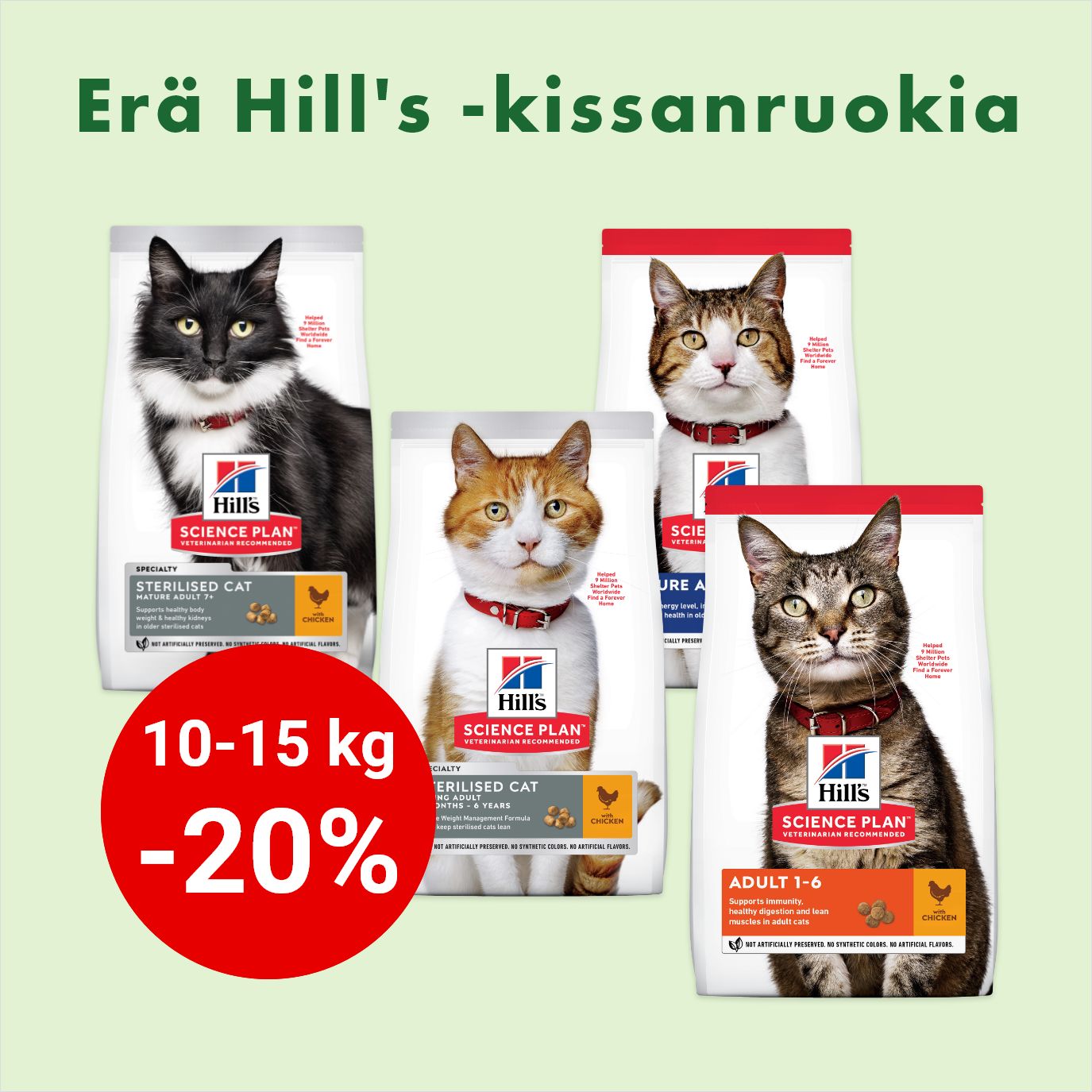 -20% Er&auml; Hills Adult ja Senior Cat -kissan kuivaruokia (isot s&auml;kit) 31.3. asti
