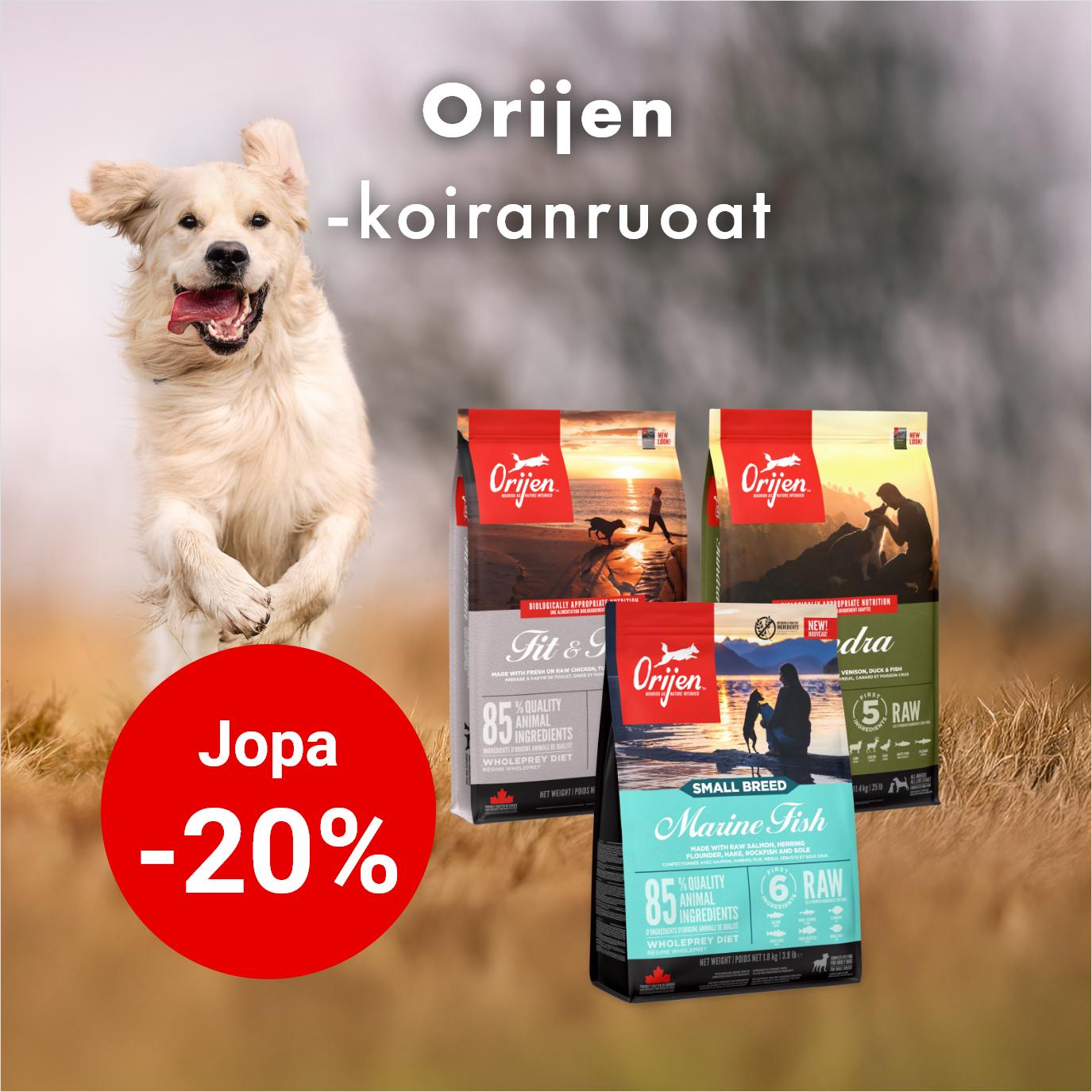 Orijen-koiranruoat jopa -20%. Kampanja voimassa 30.9. asti.