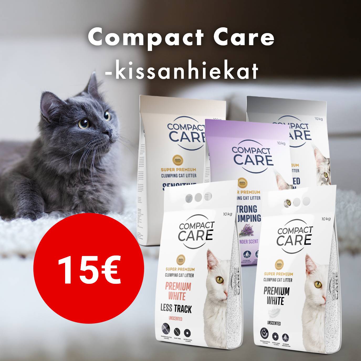 Kaikki Compact Care -kissanhiekat 15&euro; 25.1.2026 asti
