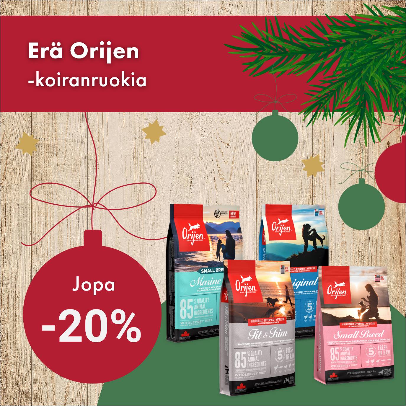 Orijen-koiranruoat jopa -20%. Kampanja voimassa 31.12 asti.