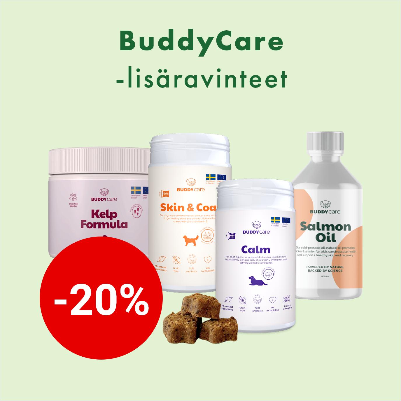 BuddyCare -lisäravinteet -20%. Kampanja voimassa 30.9. asti.