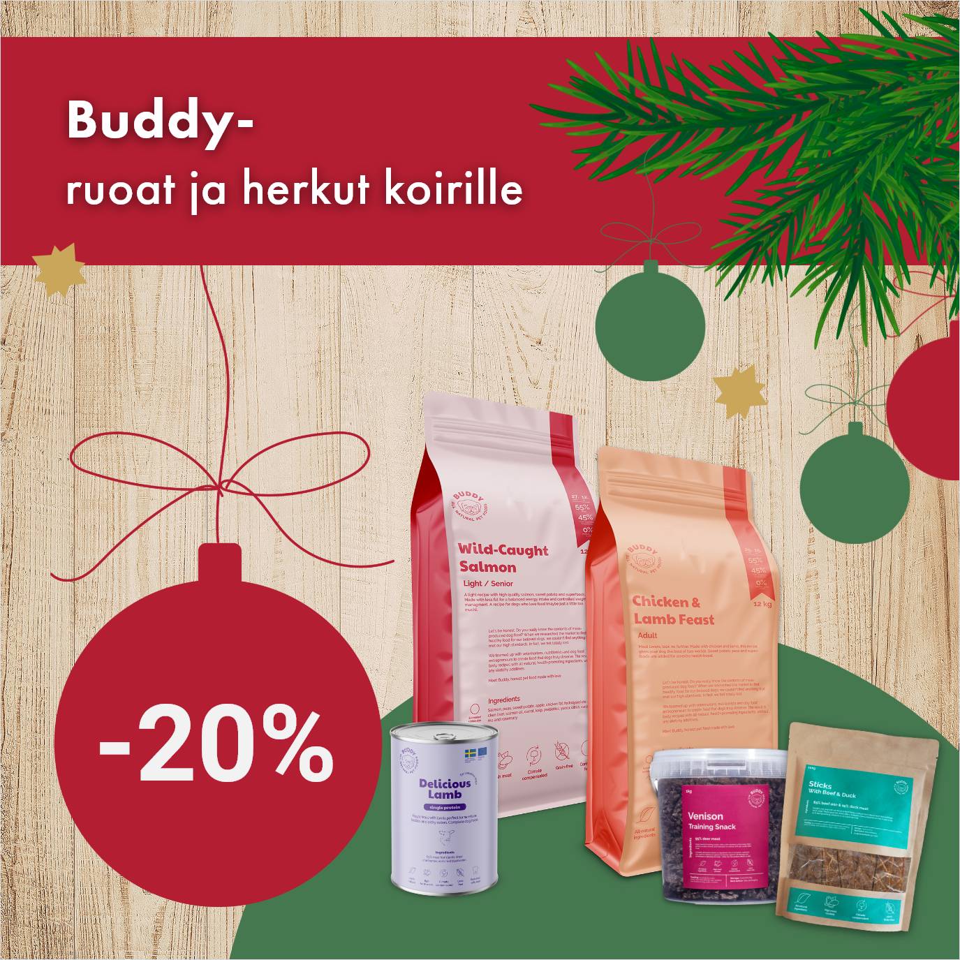 Buddy-koiranruoat ja -herkut -20% 30.11. asti