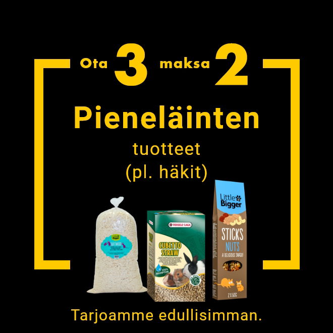 Kaikki pieneläinten tuotteet (pl. häkit): ota 3, maksa 2. Tarjoamme edullisimman.