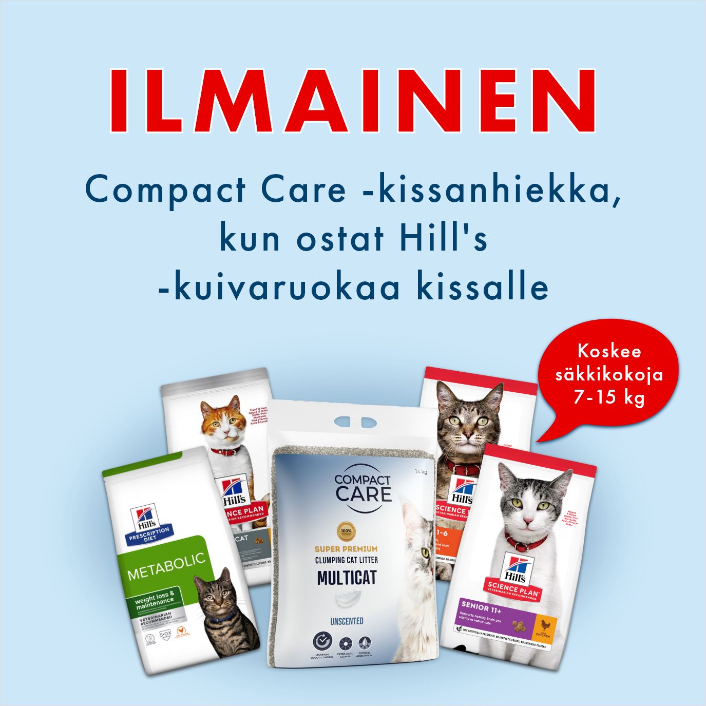 Ilmainen Compact Care Multicat Unscented 14 kg -kissanhiekka kassalla, kun ostat Hills SP- tai PD-kissan kuivaruokaa (7-15kg)