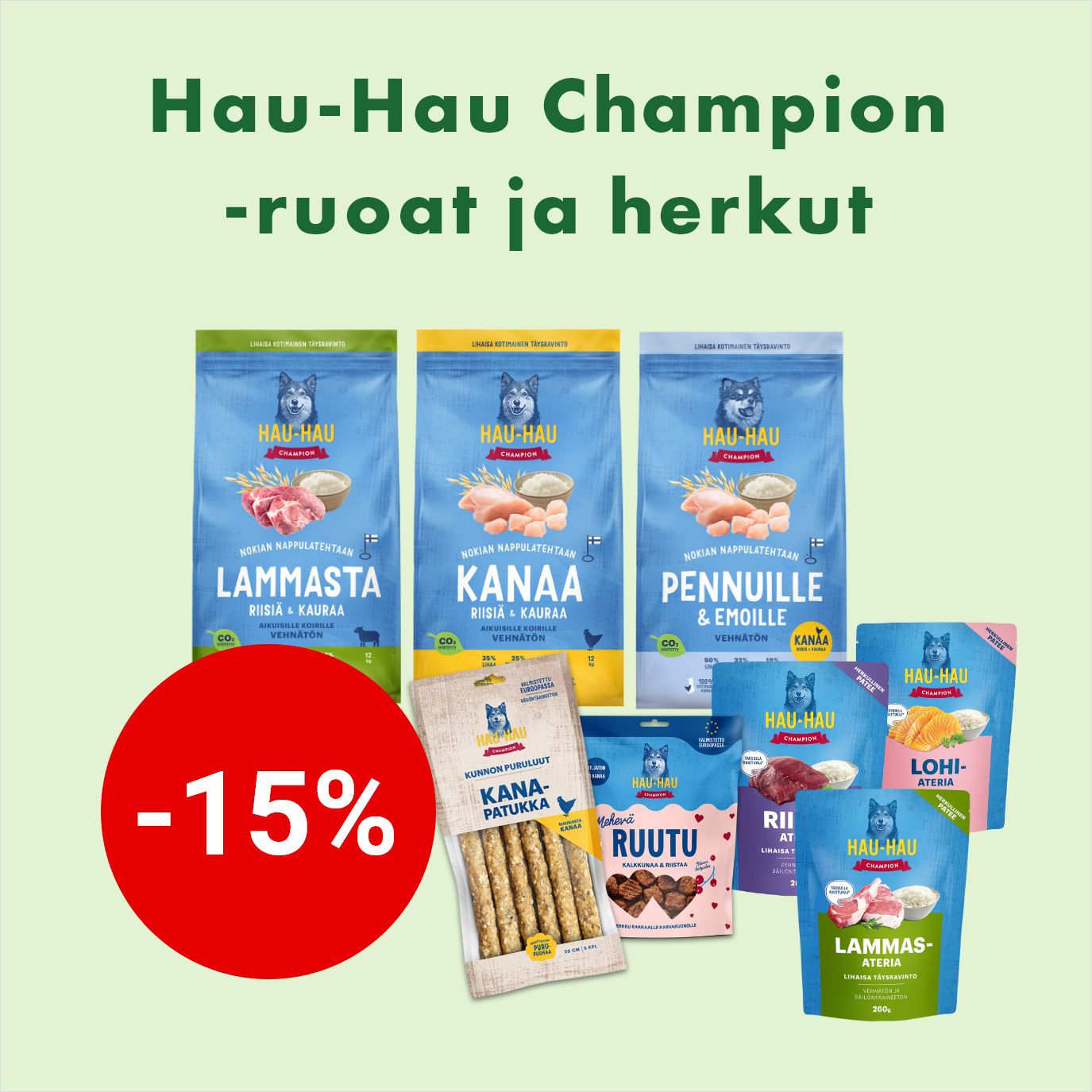 Hau-Hau -koiranruoat ja -herkut -15% 28.2. asti.