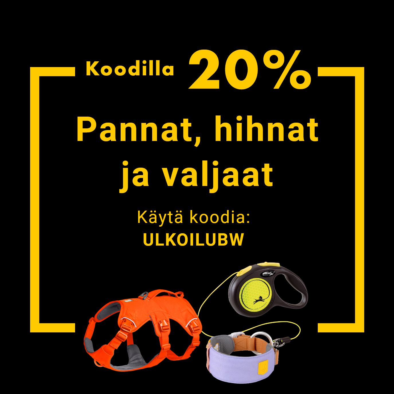 Koirien pannat, hihnat ja valjaat -20% koodilla ULKOILUBW 1.12. asti