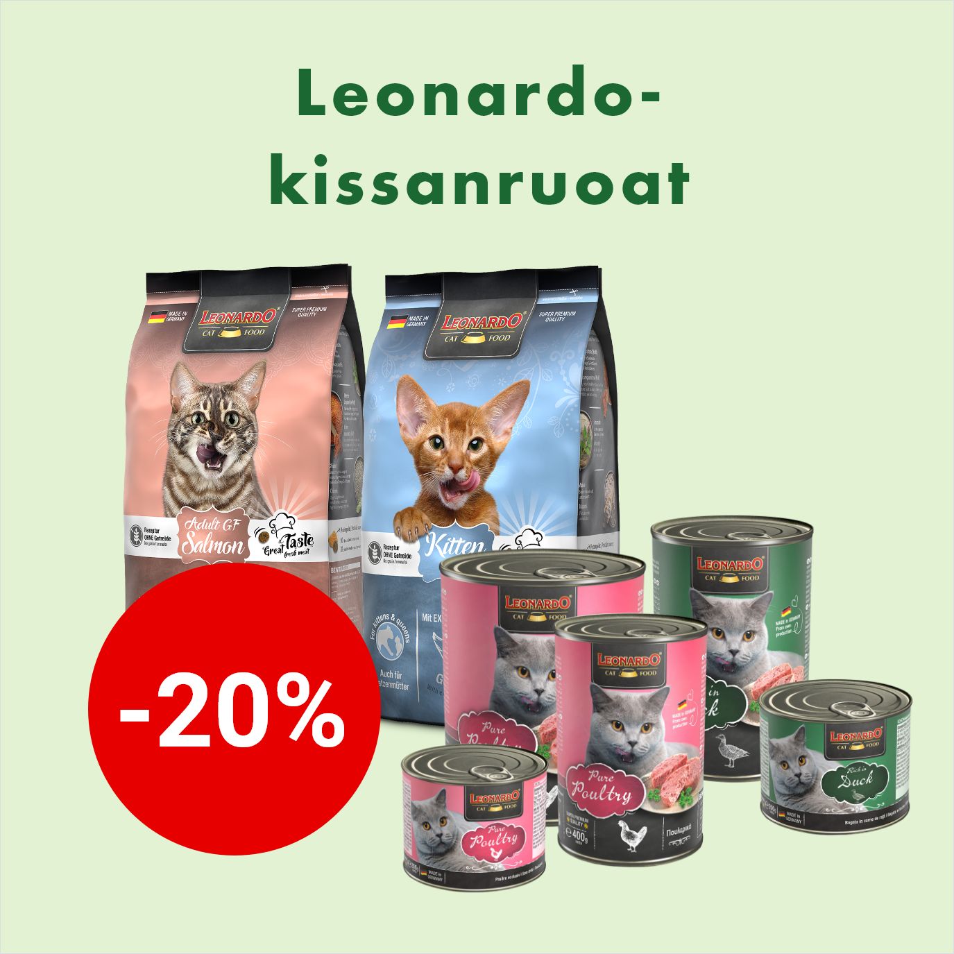 Leonardo kissanruoat -20% 15.3. asti