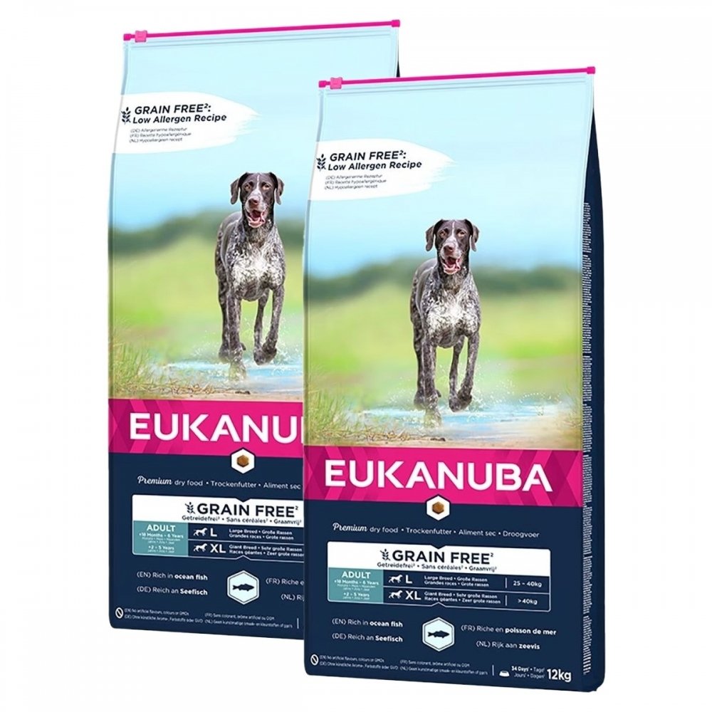 Eukanuba Dog Grain Free Adult Large & Extra Large Breed Ocean Fish 2 x 12kg Hund - Hundemat - Kornfritt hundefôr