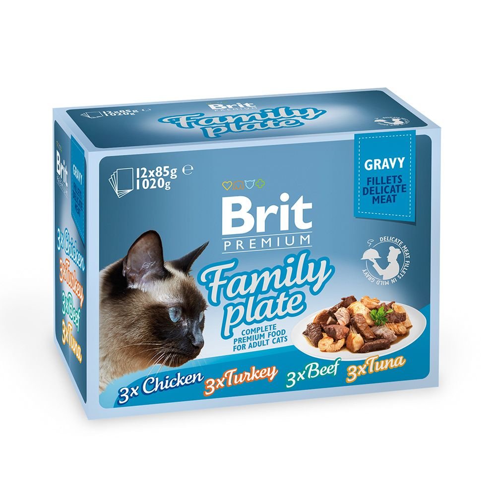 Brit Premium Pouches Fillets in Gravy Family Plate 12x85 g Katt - Kattemat - Våtfôr