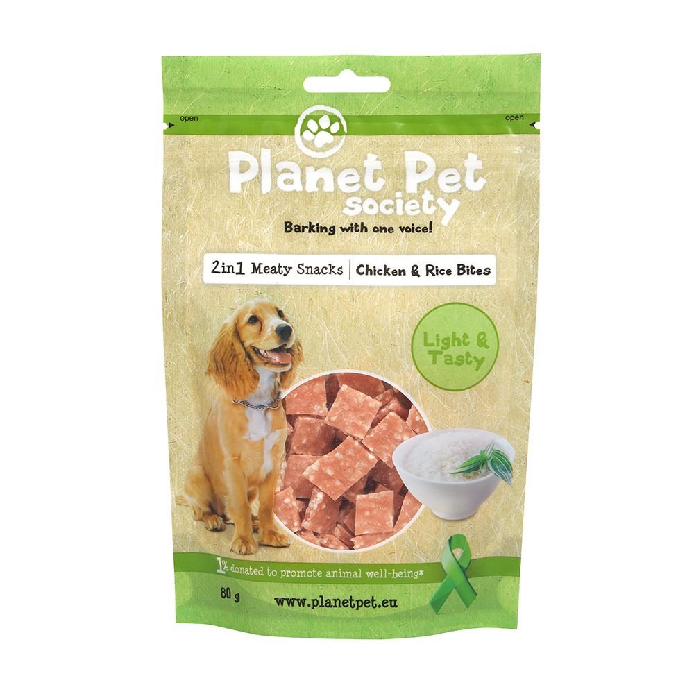 Planet Pet Society 2in1 Treats Kylling & Risbitar (80 grammaa)