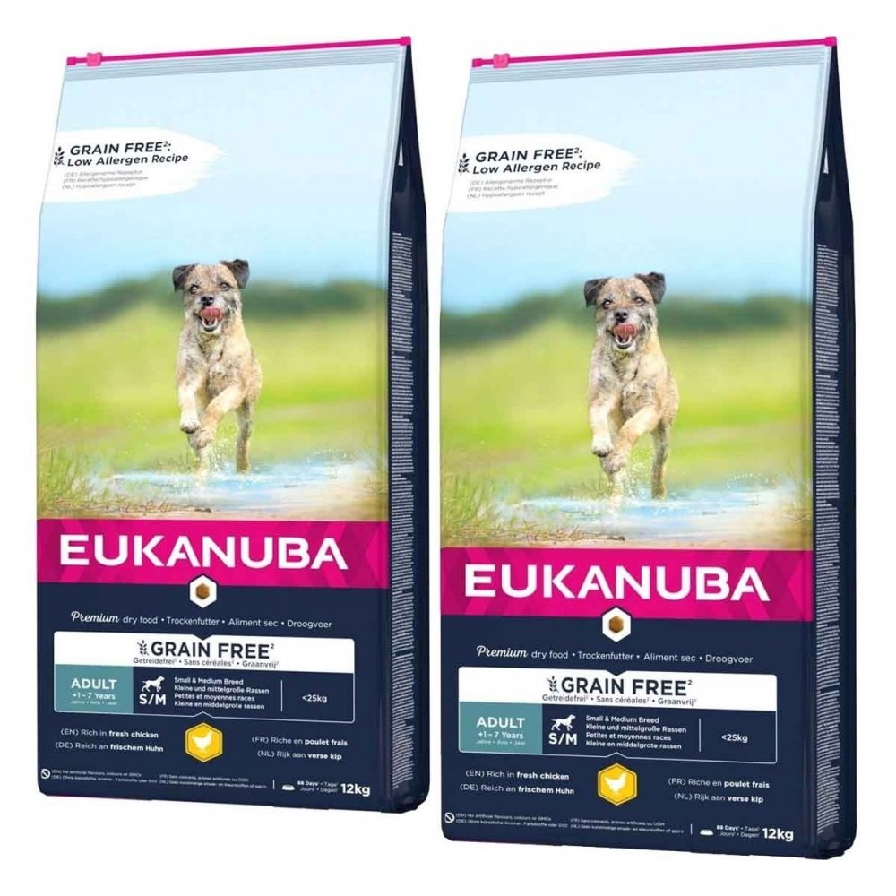 Eukanuba Grain Free Adult Small/medium Chicken 2 x 12kg Hund - Hundemat - Kornfritt hundefôr