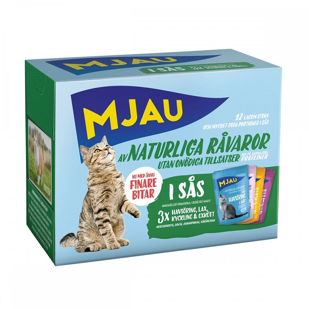 Mjau Multipack Kjøtt- og fiskesmaker i saus 12x85 g Katt - Kattemat - Våtfôr