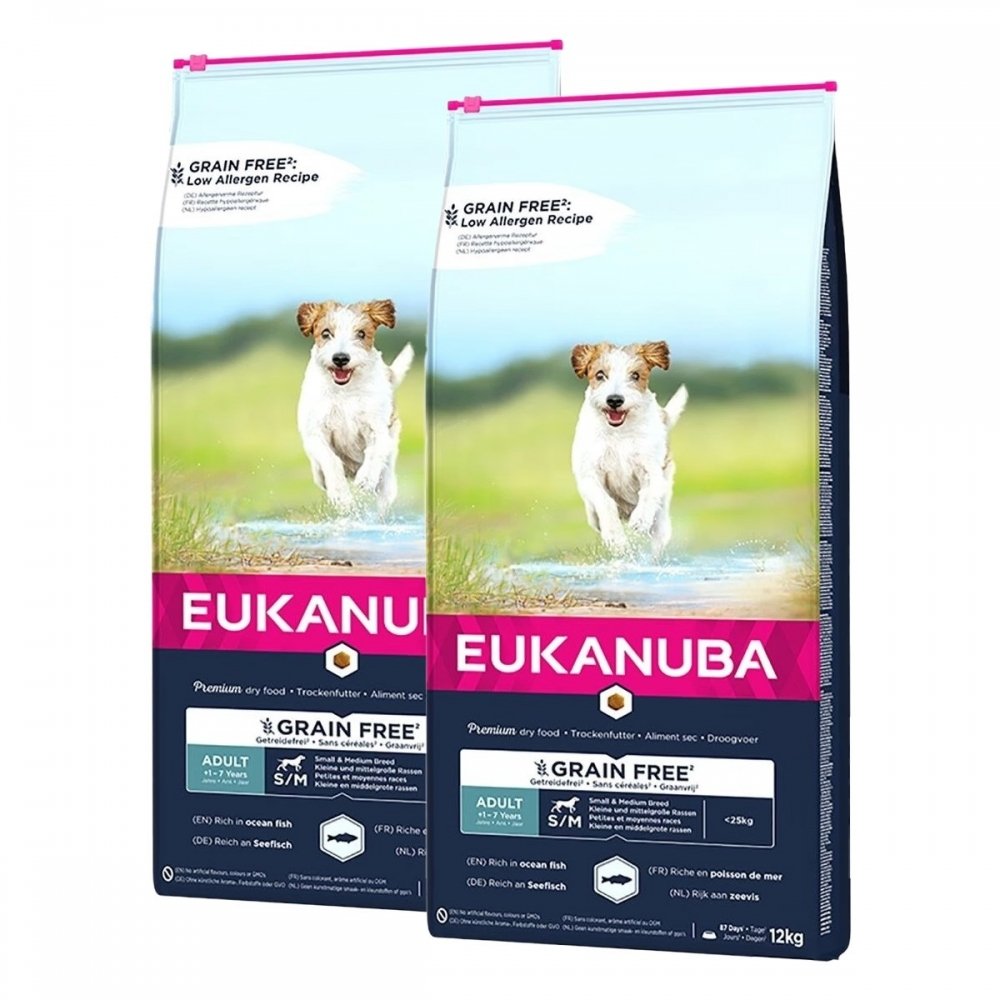 Eukanuba Dog Grain Free Adult Small & Medium Breed Ocean Fish 2 x 12kg Hund - Hundemat - Kornfritt hundefôr
