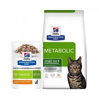 Hill&#39;s Prescription Diet Feline Metabolic Weight Loss & Manitenace Chicken Torrfoder 12 kg & Våtfoder 12x85 g