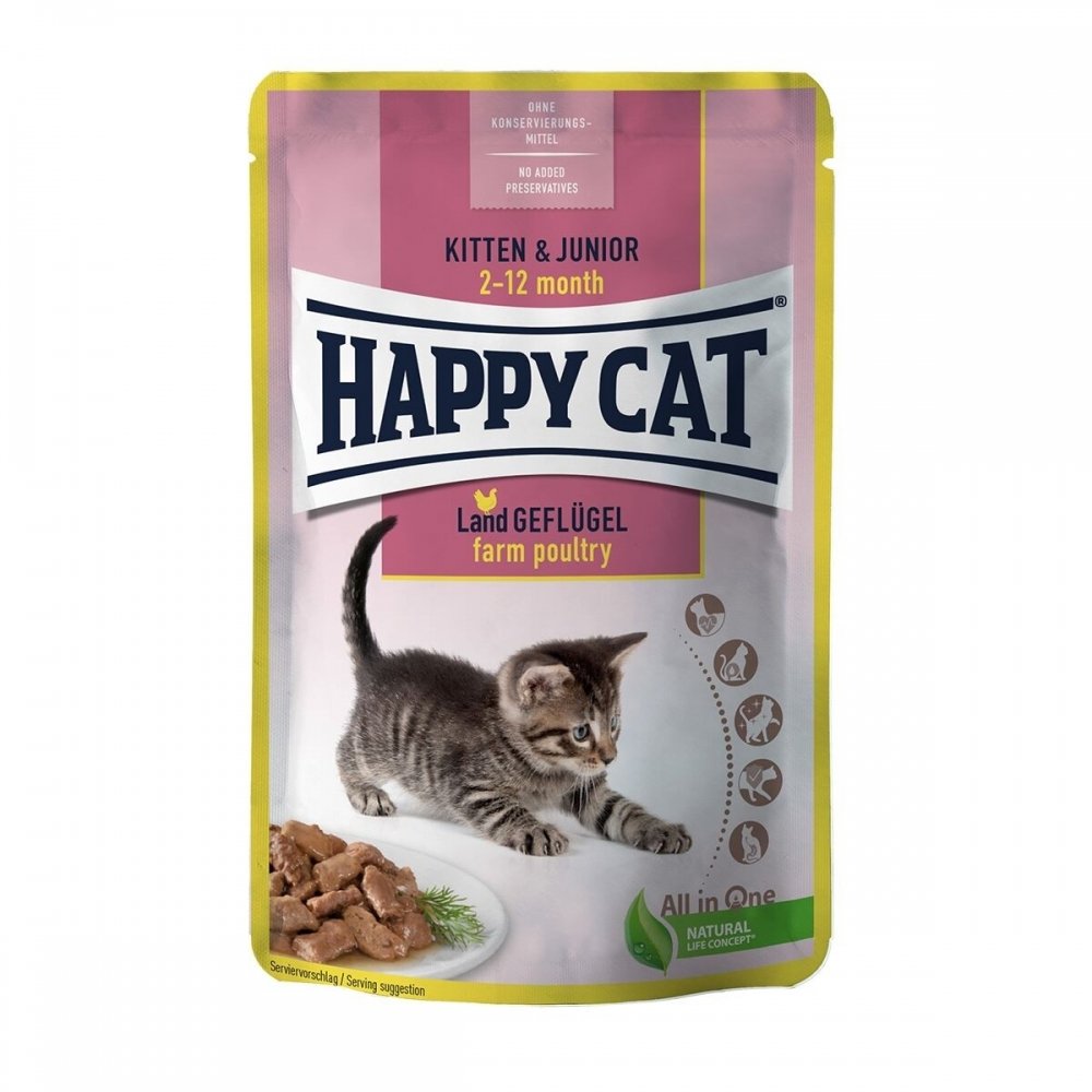 Läs mer om Happy Cat Kitten & Junior Farm Poultry 85 g