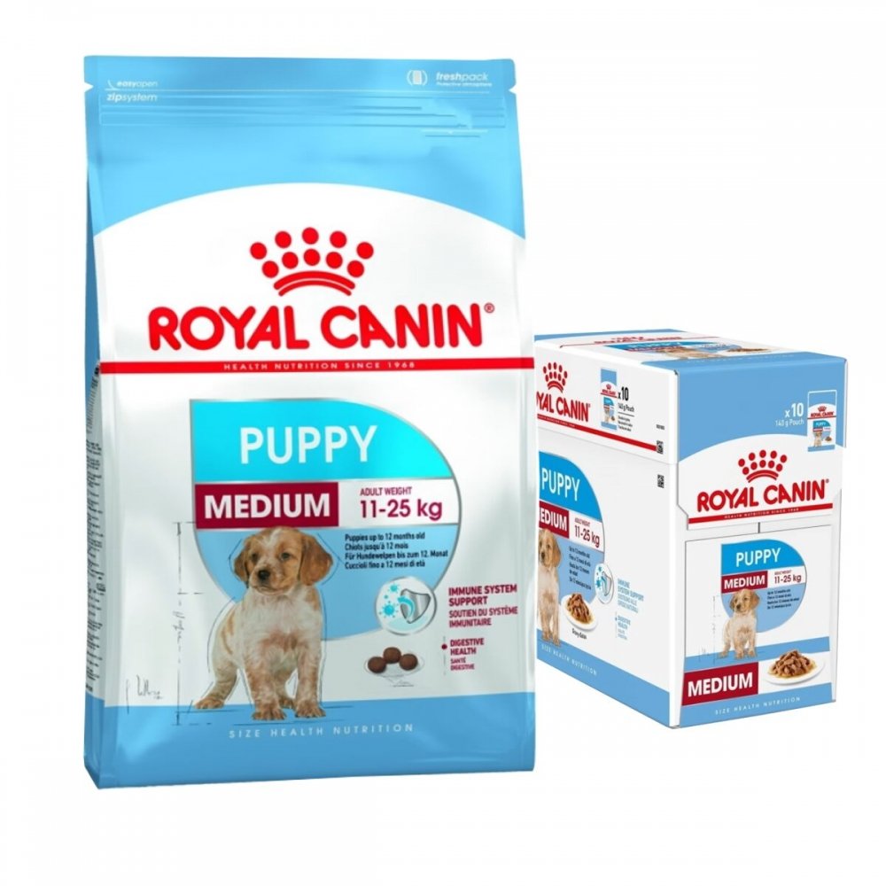 Royal Canin Medium Puppy Torrfoder 15 kg + Multipack Våtfoder
