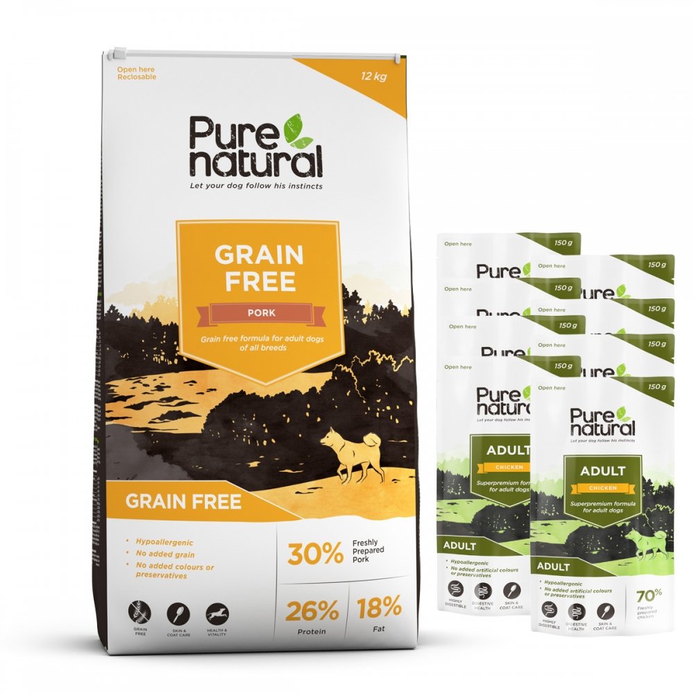 Purenatural Dog Adult Grain Free Pork 12 kg + Multipack Våtfoder