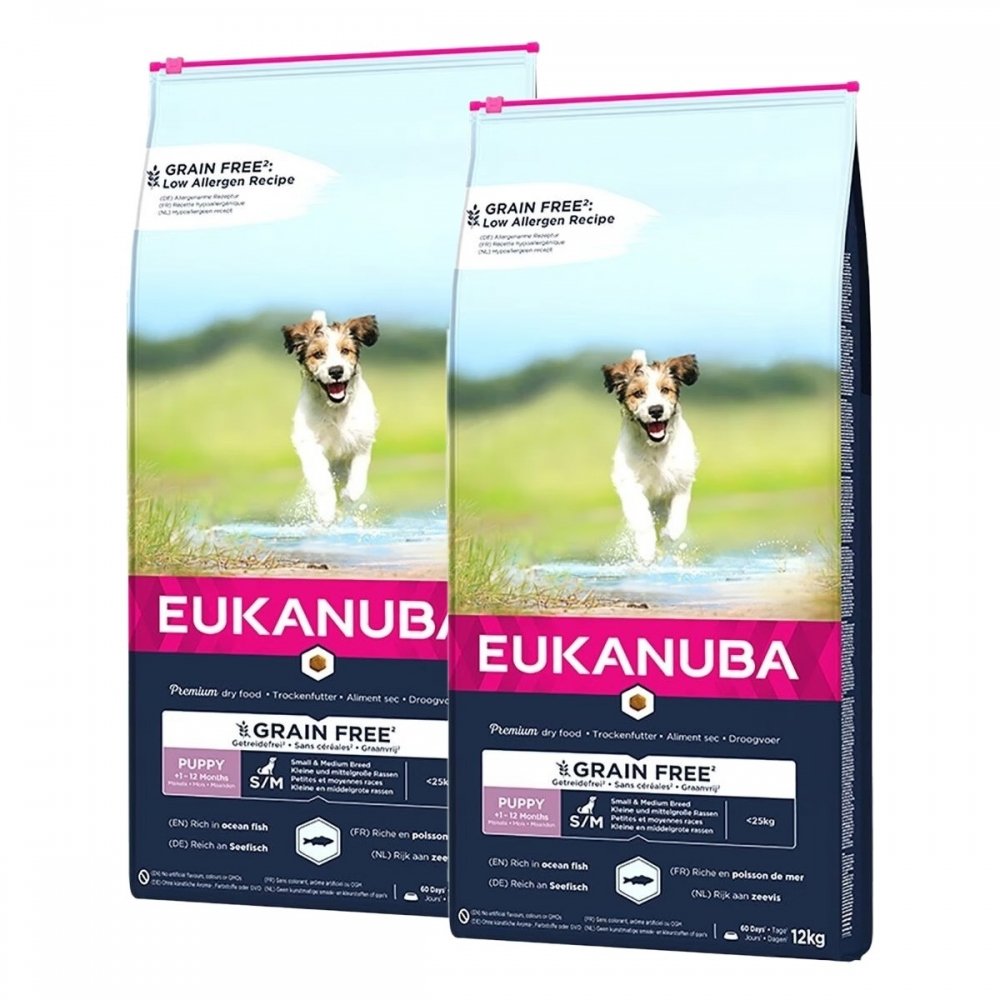 Läs mer om Eukanuba Puppy Grain Free Small & Medium Breed Ocean Fish 2 x 12kg