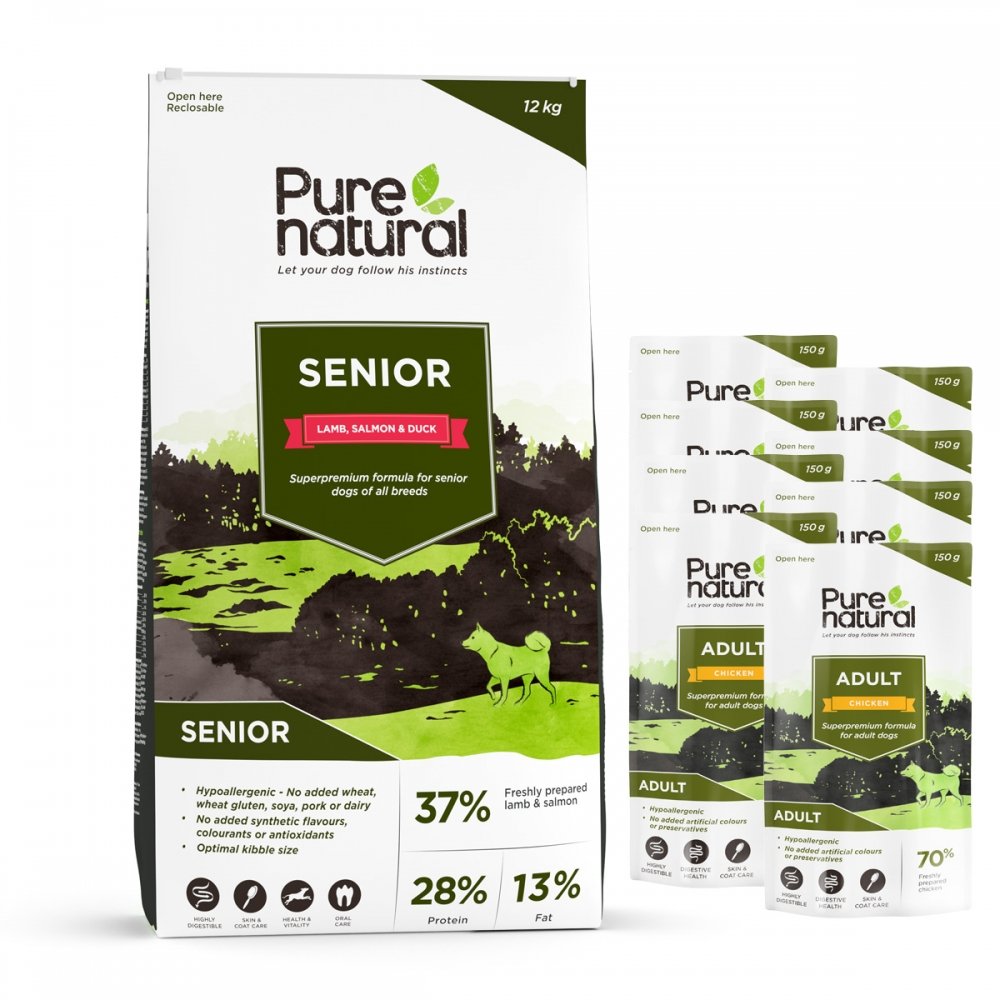 Purenatural Dog Senior Lamb, Salmon & Duck 12 kg + Multipack Våtfoder