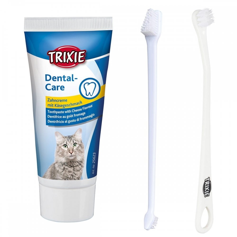 Trixie Tandkit till katt Tandkräm med ostsmak och 2 tandborstar