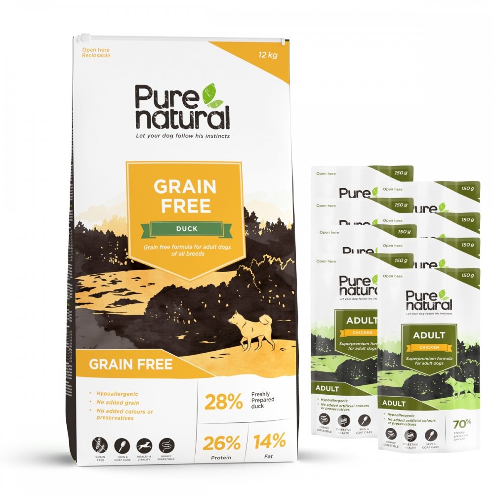 Purenatural Dog Adult Grain Free Duck 12 kg + Multipack Våtfoder