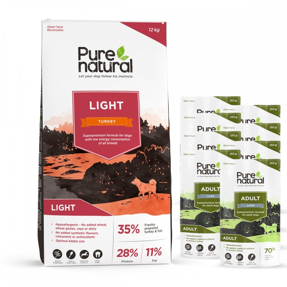 Purenatural Dog Adult Light Turkey 12 kg + Multipack våtfoder